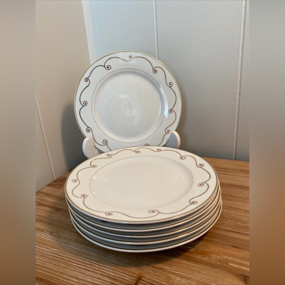 6 - Pier 1 Holiday Scroll 7.5” Salad Plates Porcelain Gold Scroll Red Dots Set 6